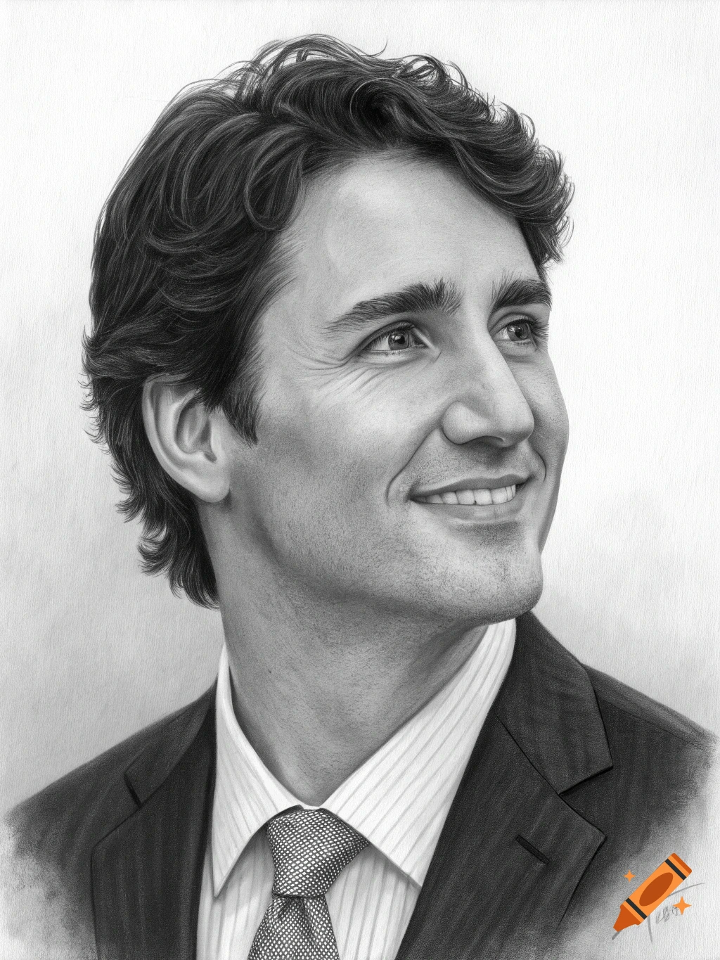 Black and white pencil drawing portrait of Justin Trudeau smiling and looking up to the right.