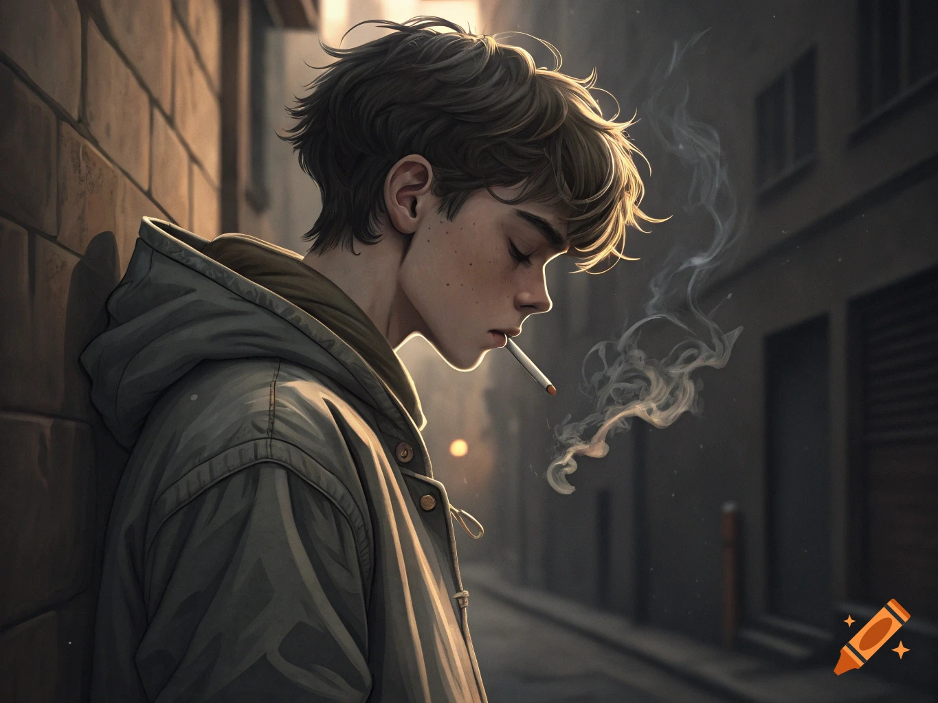 Illustrated profile of a young man smoking a cigarette in a dim alley.