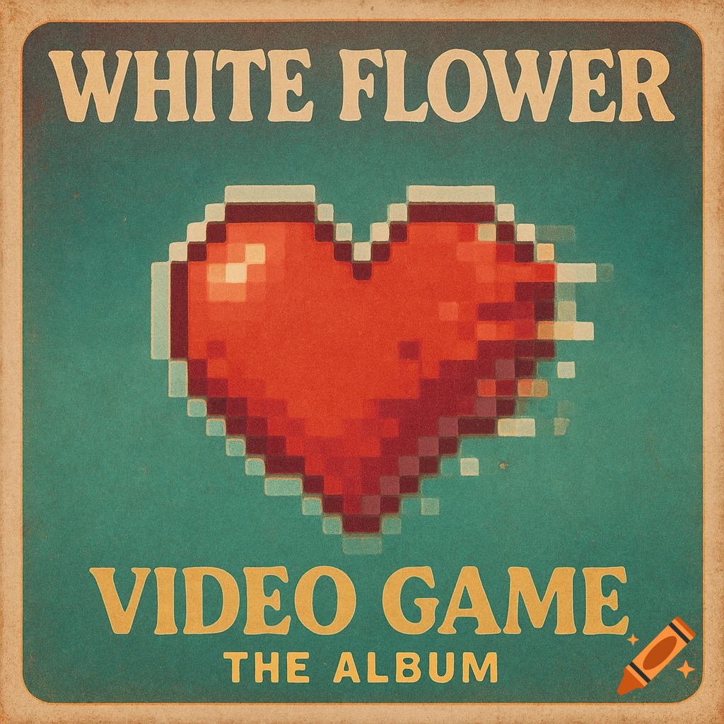 Album cover with 'White Flower Video Game The Album' text and a pixelated glitching red heart.