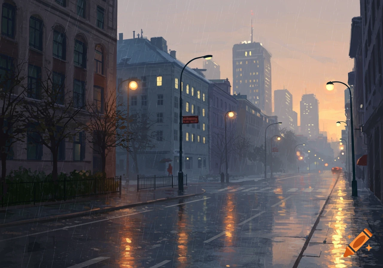 Digital painting of a rainy city street at dusk with reflections on wet asphalt.