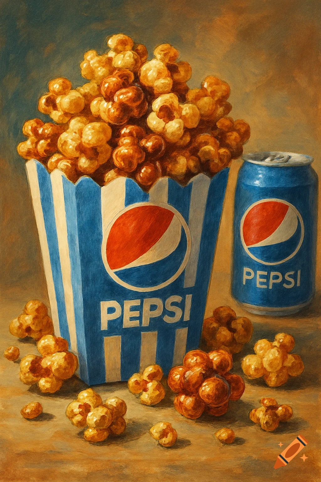 Popcorn in a striped box with a Pepsi logo and a Pepsi can, in a painted style