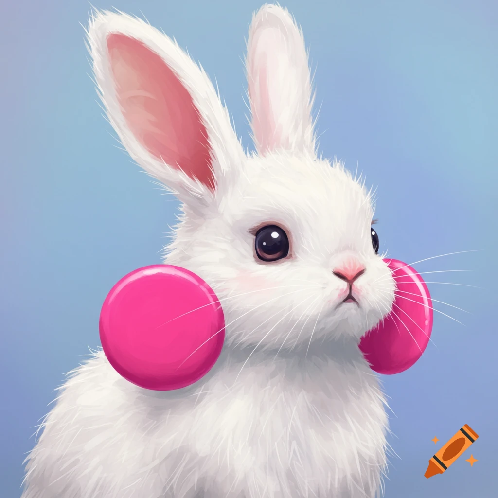 A fluffy white rabbit wearing large pink circle earrings.