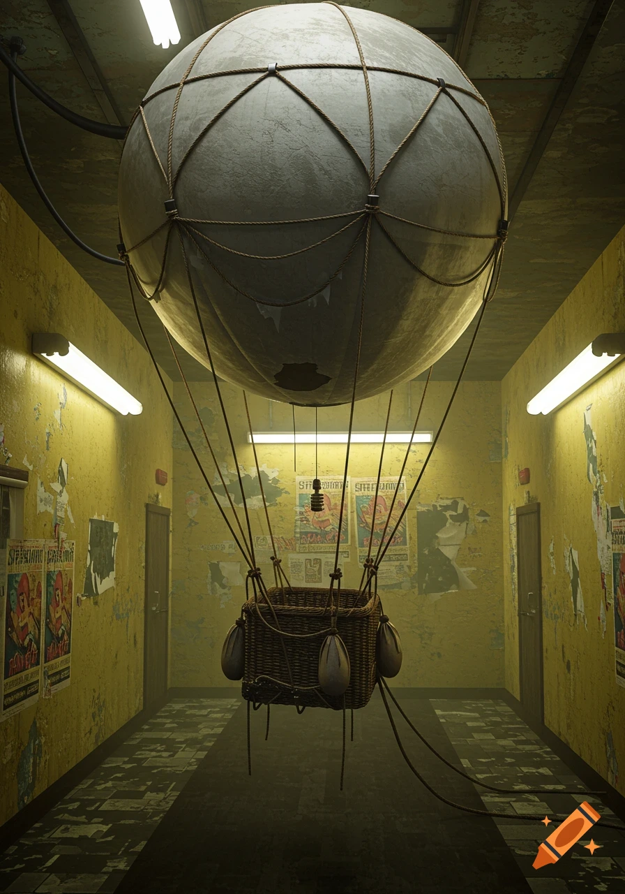A hot air balloon basket hangs in a dilapidated yellow corridor.