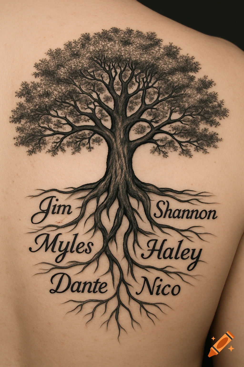 Tattoo of a tree with names Jim, Shannon, Myles, Haley, Dante, and Nico integrated into the roots on a person's back.