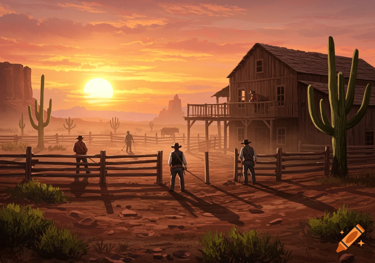 A western landscape at sunset with cowboys, cacti, and a barn.