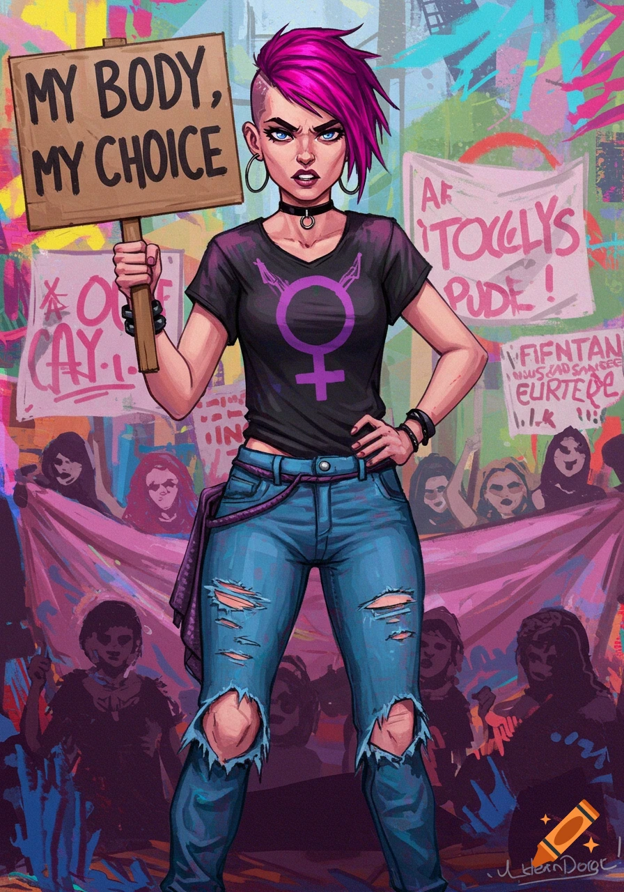 Illustration of a woman with pink hair holding a 'MY BODY, MY CHOICE ...
