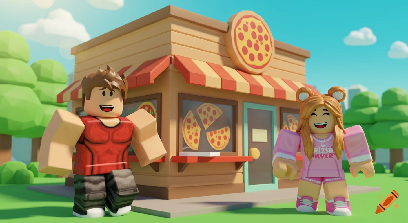 Two Roblox-style avatars, a male and female, stand in front of a pizza restaurant.