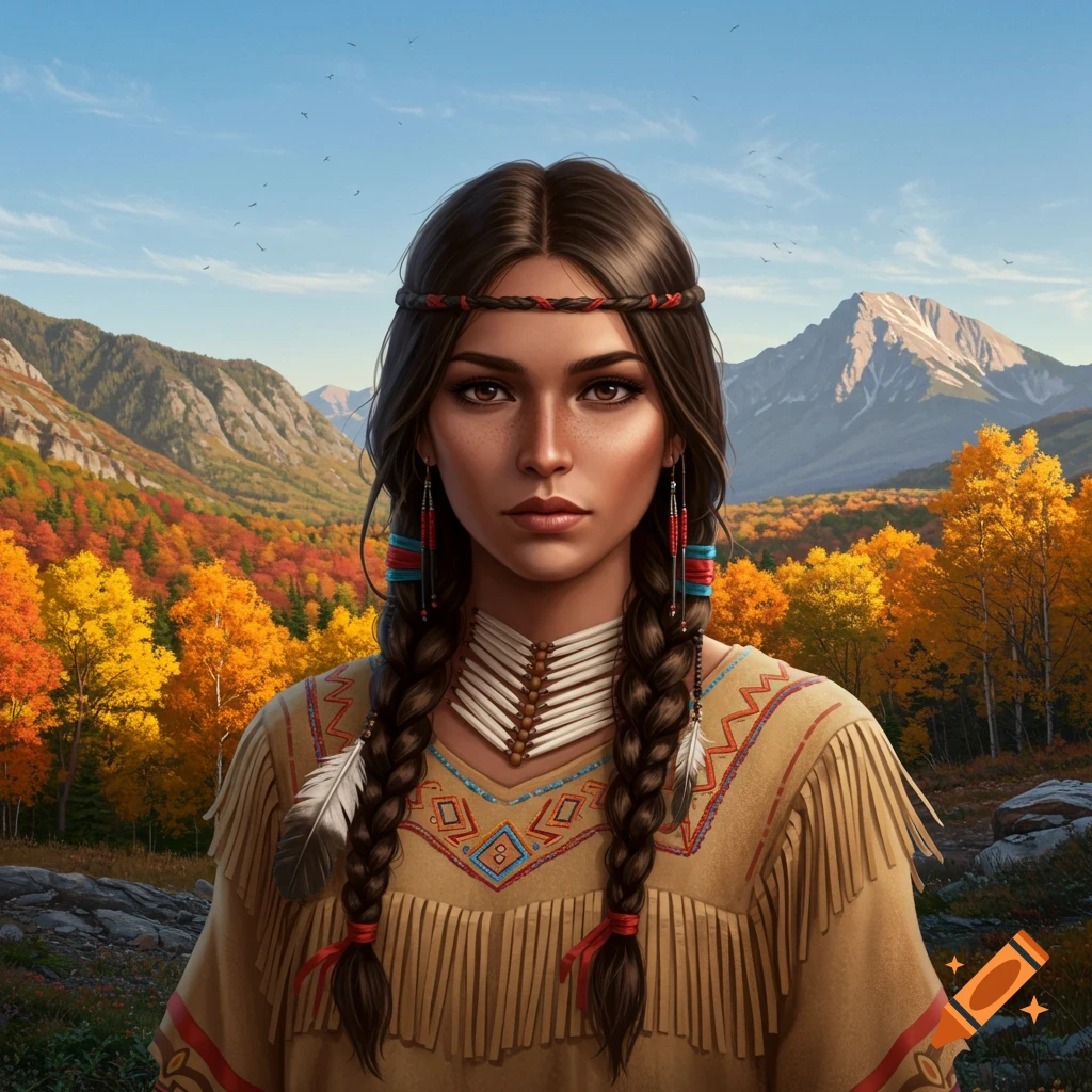 Portrait of a Native American woman in traditional dress against an autumn mountain landscape