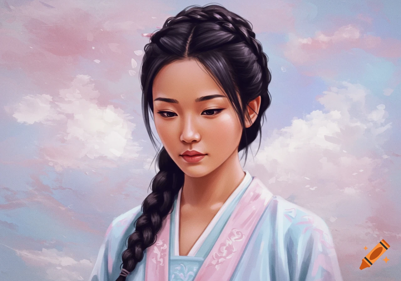 Portrait of an Asian woman in traditional clothing with a braid, painted style against a cloudy background.