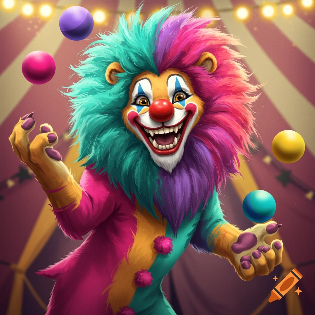An illustration of a cartoonish lion dressed as a clown juggling colorful balls in a circus tent.