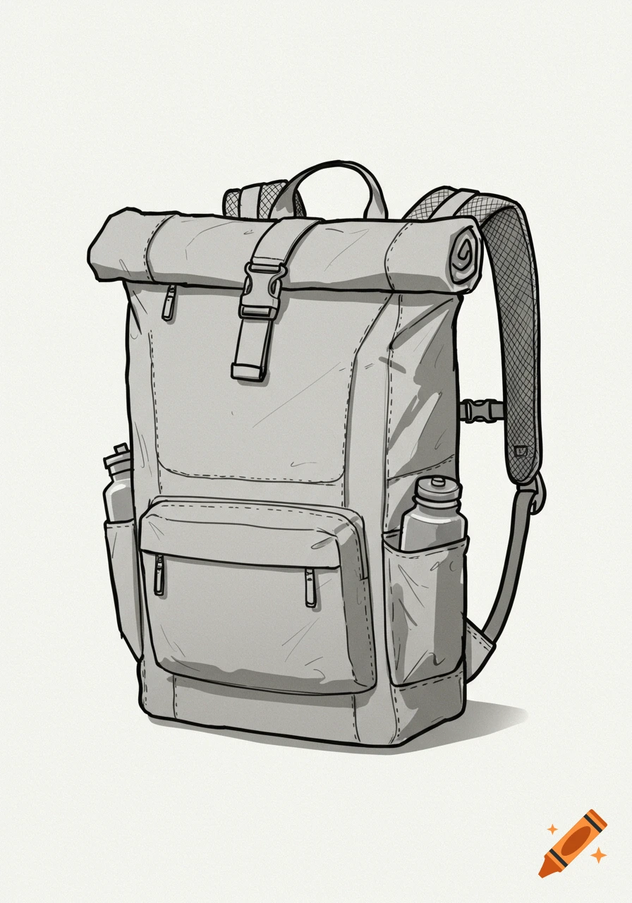 Greyscale sketch of a roll-top backpack with water bottles in side pockets.