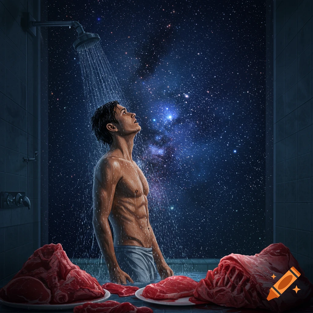 A man showers in a bathroom with a starry night sky background, surrounded by piles of raw meat.