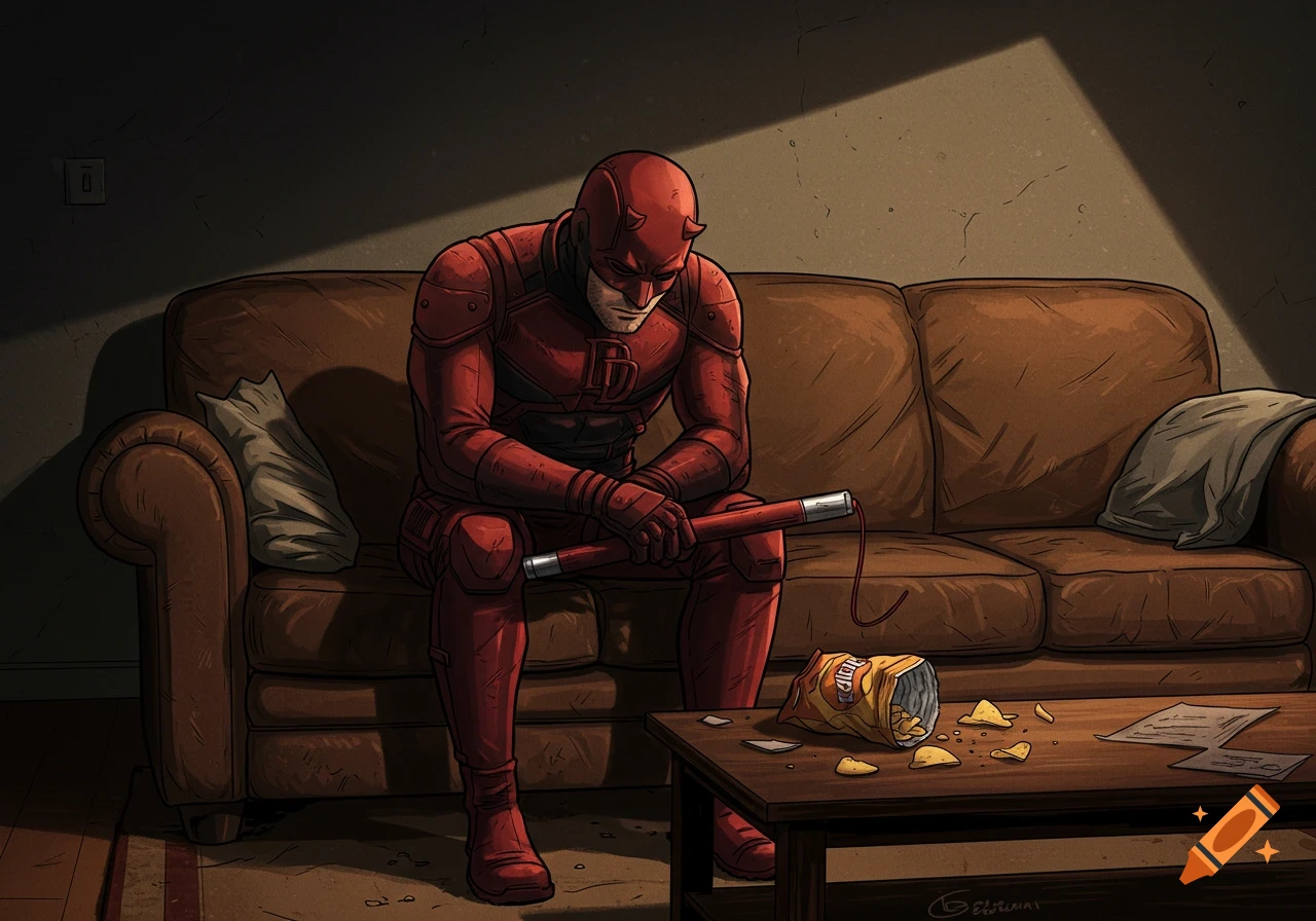 Illustration of Daredevil sitting alone on a couch, looking sad, with a spilled bag of chips on the table.