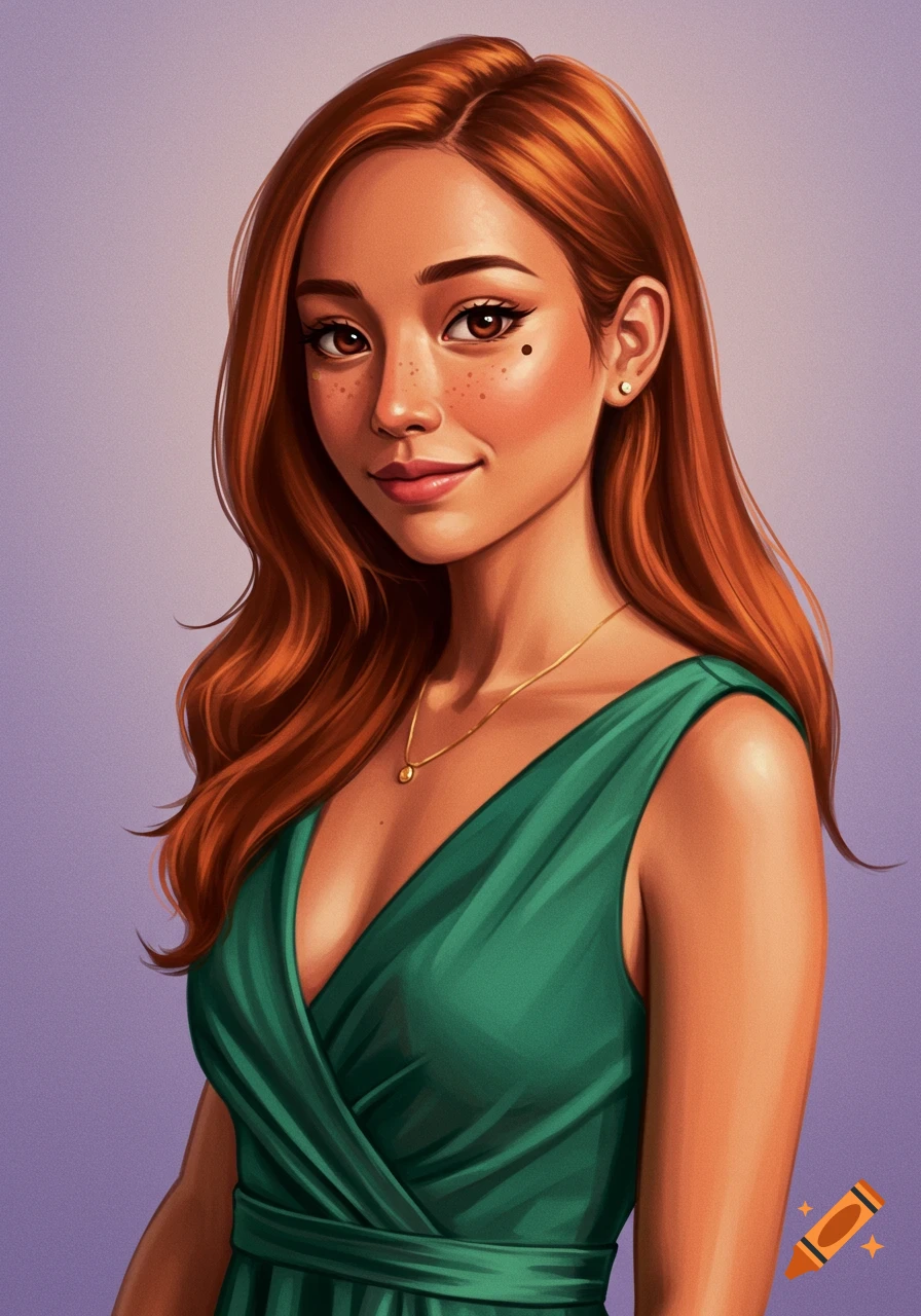 An illustration of a red-haired woman with freckles and a beauty mark, wearing a green dress.