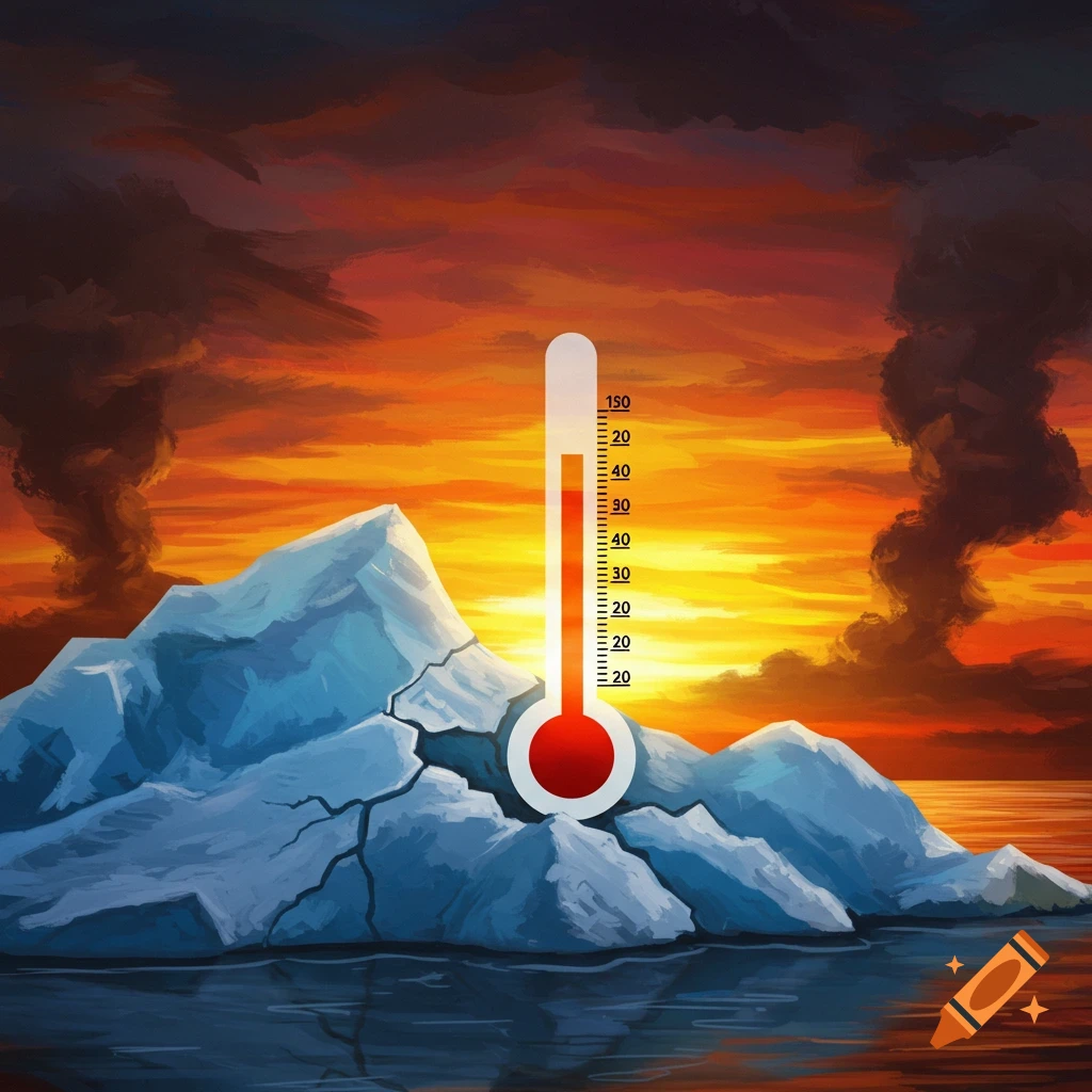 Stylized illustration of a melting iceberg with a large thermometer under a dramatic orange sky, symbolizing global warming.