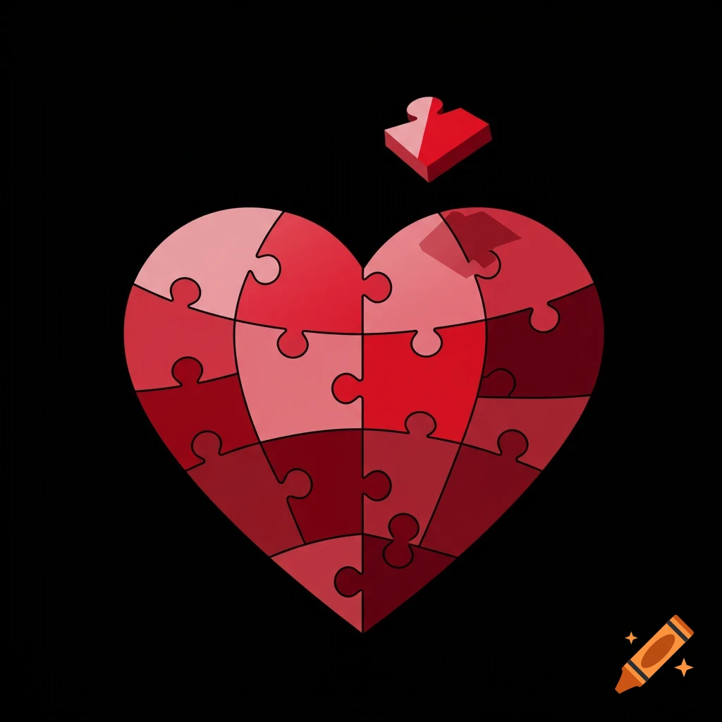 A heart made of red puzzle pieces with one piece floating above.