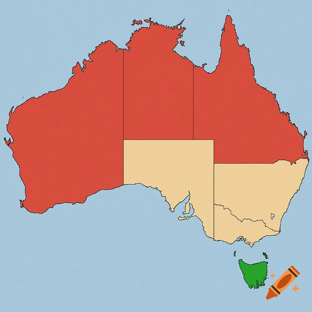 Map of Australia showing different regions in red, beige, and green.