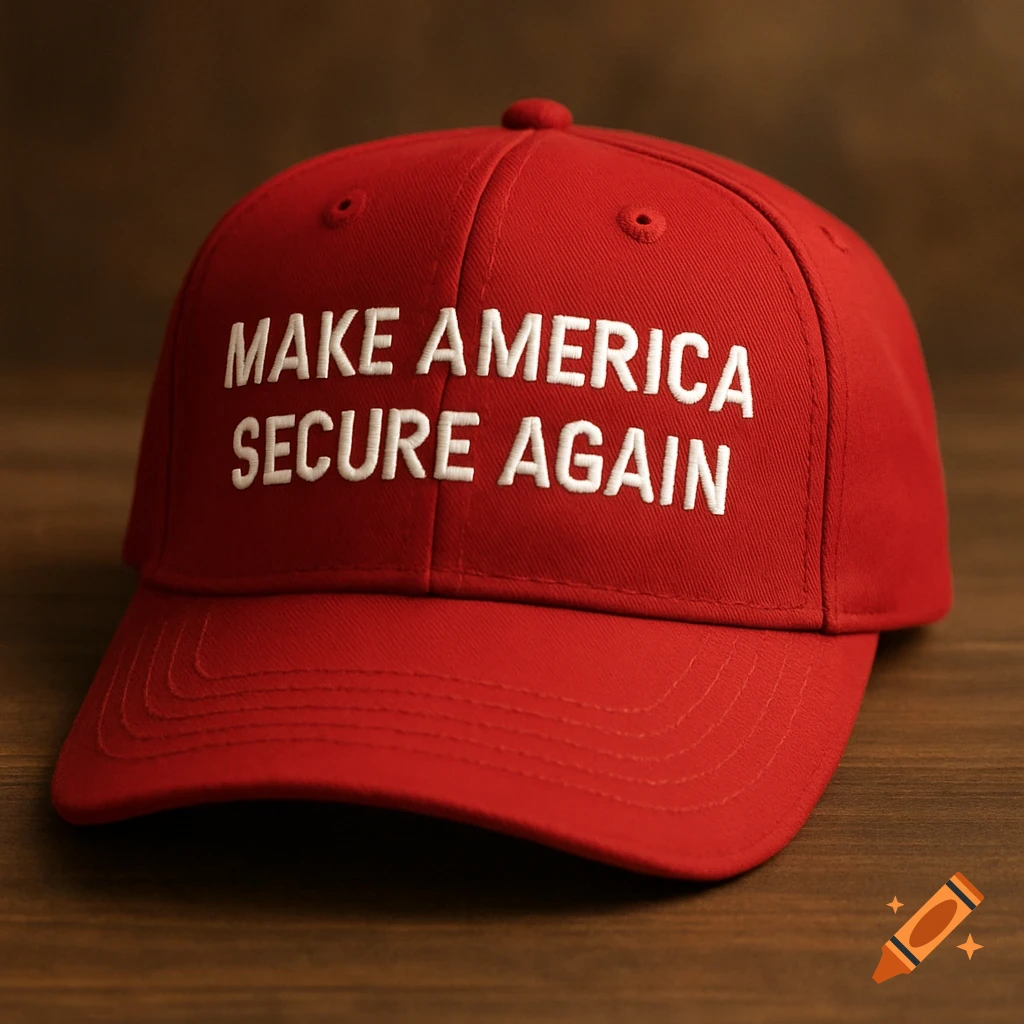 Red baseball cap with 'Make America Secure Again' text