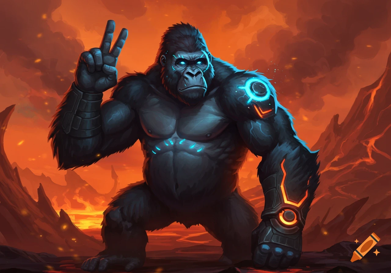 A powerful gorilla with glowing blue and orange cybernetic markings makes a peace sign in a volcanic landscape.