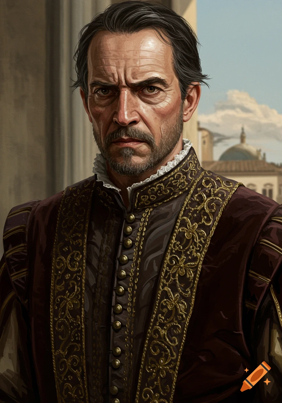 Portrait of a man in Renaissance clothing with a stern expression