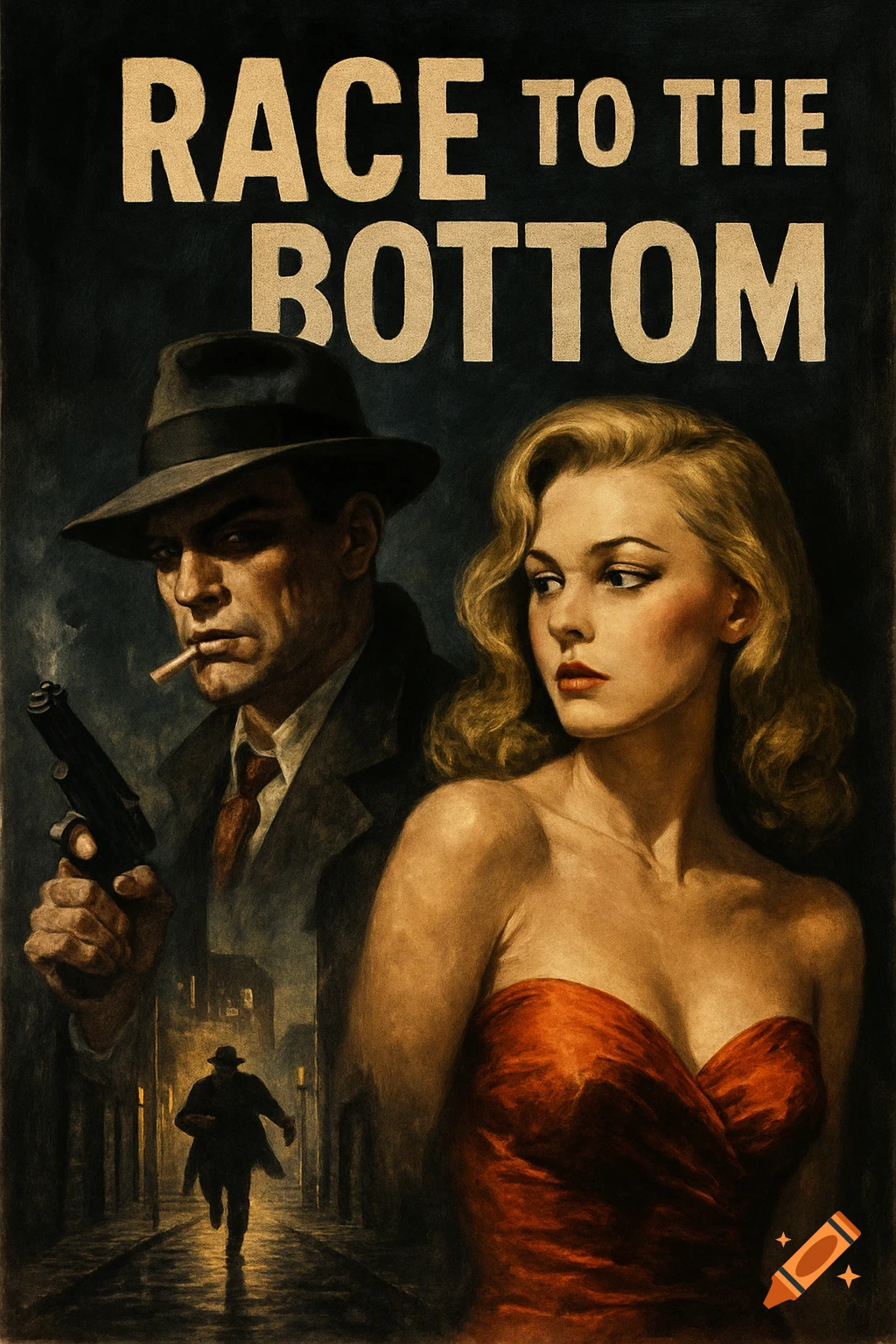Film noir movie poster with a man holding a gun, a woman in a red dress, and a figure running on a street. Text says RACE TO THE BOTTOM.
