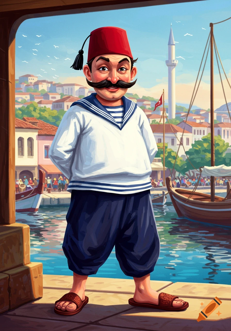 Cartoonish man in a sailor shirt and fez stands by a harbor in an illustrated style.