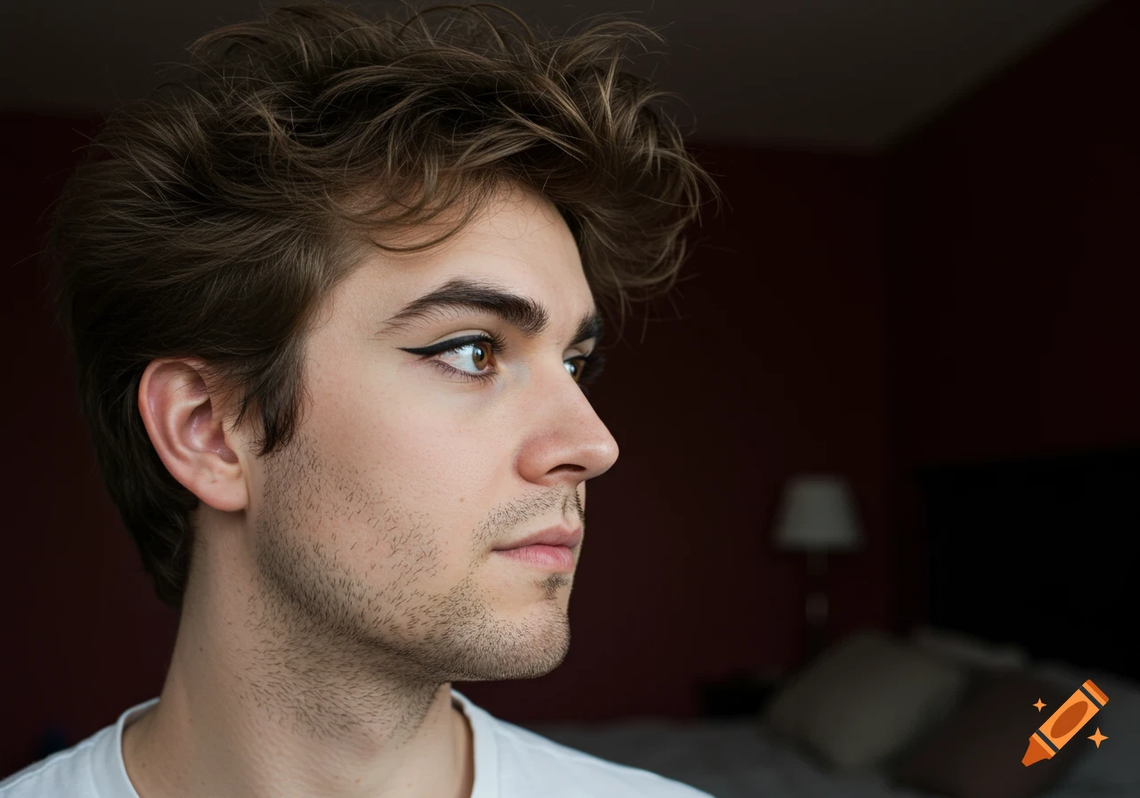 Side profile portrait of young man with messy hair wearing black eyeliner.