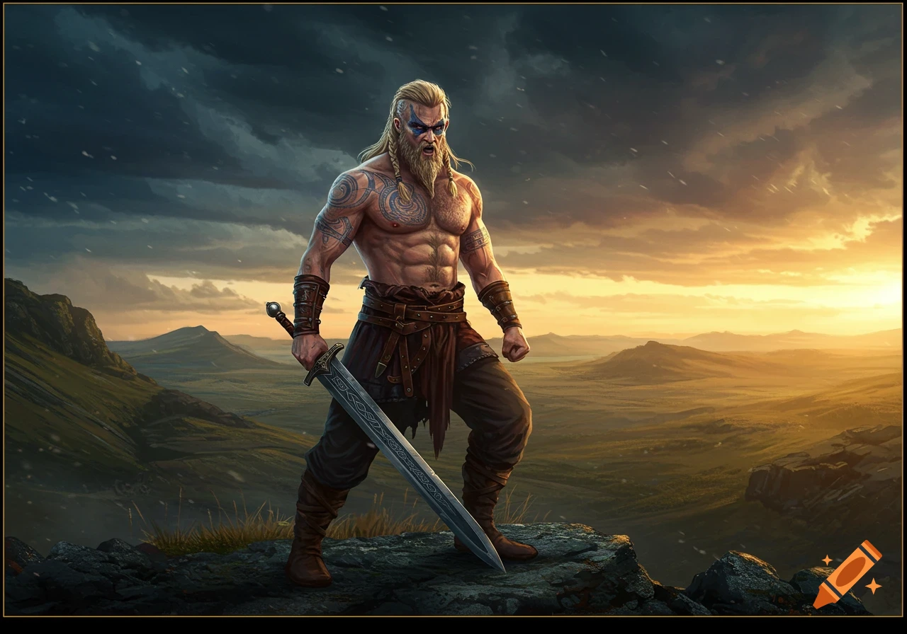 A muscled Viking warrior with sword on a hilltop at sunset