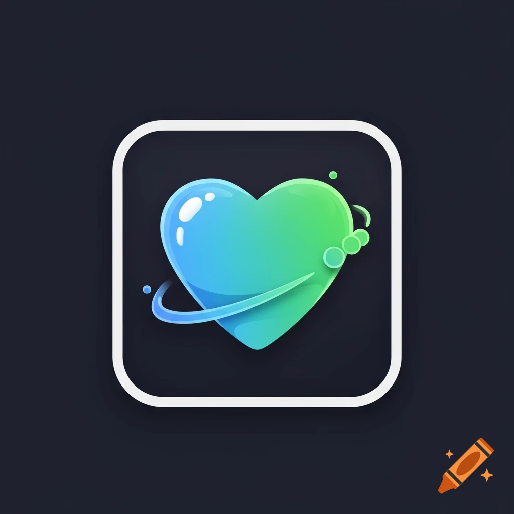 Shiny gradient heart icon with a swoosh and bubbles inside a rounded square border on dark background.