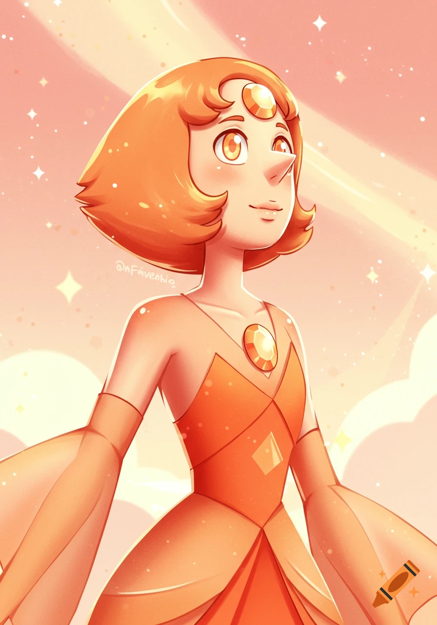 A close-up portrait of an orange character with a gem on her forehead looking up at a bright sky in a cartoon style.