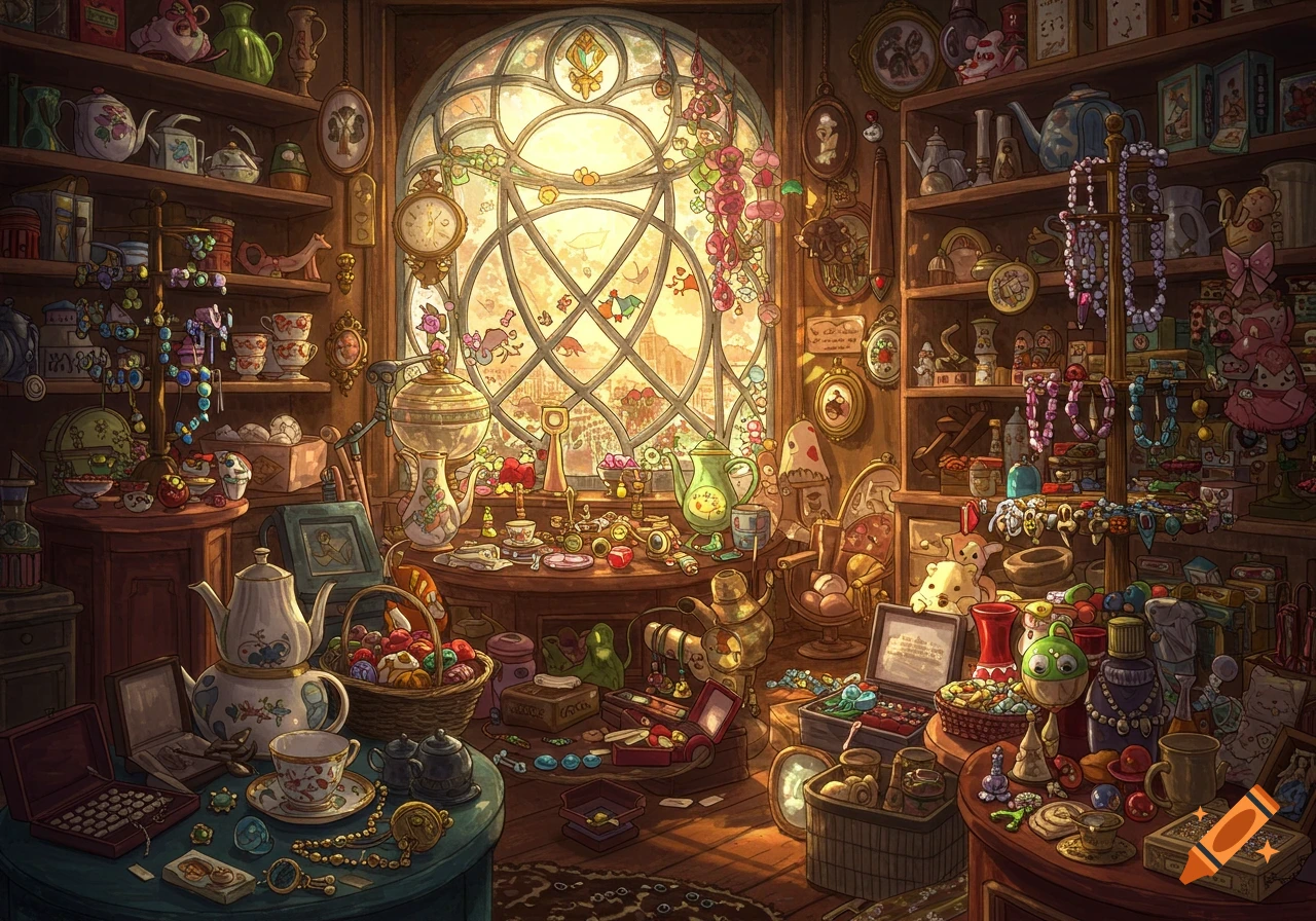 A cluttered antique or trinket store interior with shelves and tables full of objects, bathed in golden light from a large window.