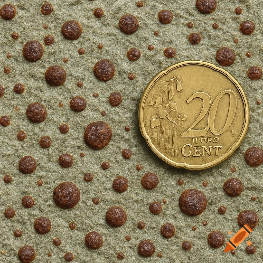 A close-up photo of a 20-cent euro coin on a rock surface covered in small brown mineral bumps.