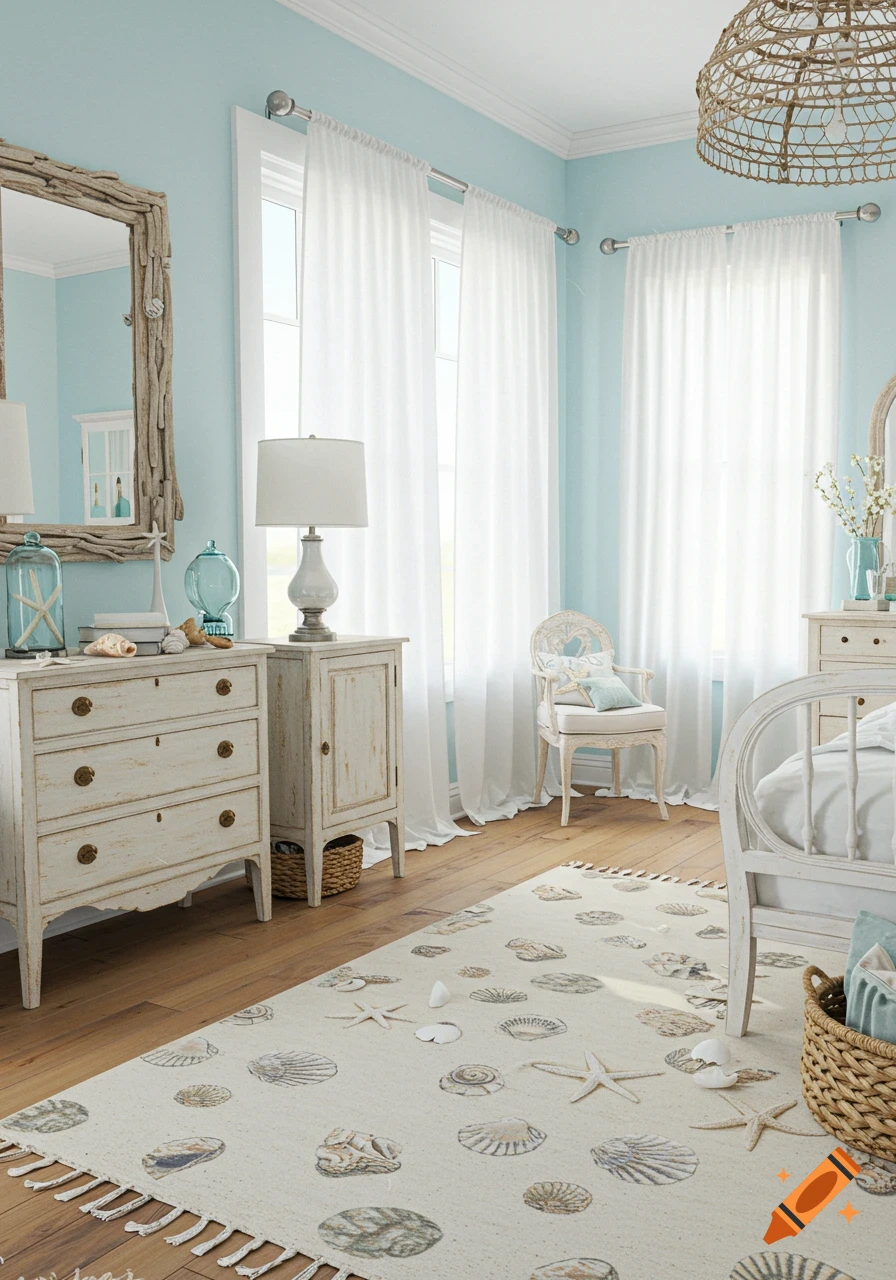 Light blue bedroom interior with beach decor, including seashell rug ...