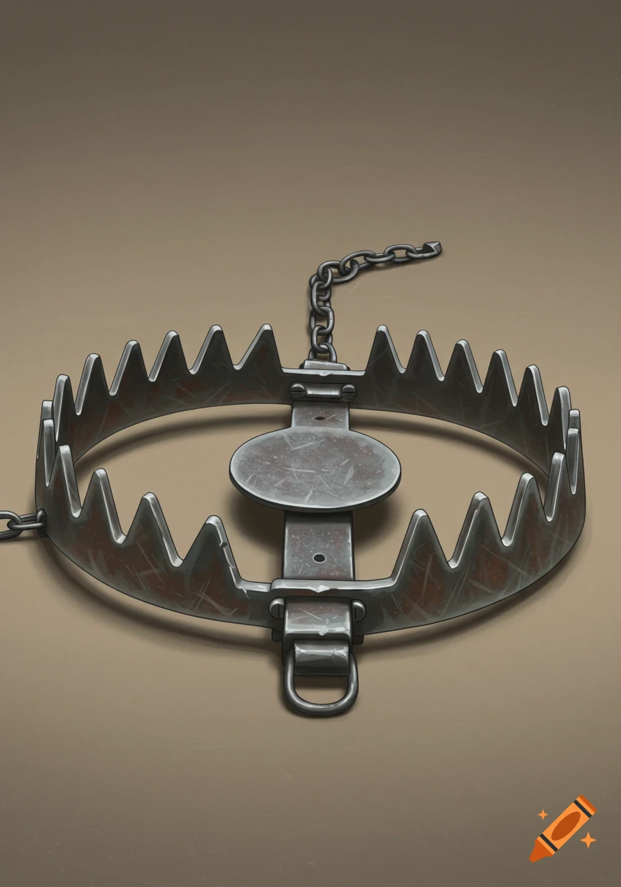 An illustration of a metal bear trap with sharp teeth and chain