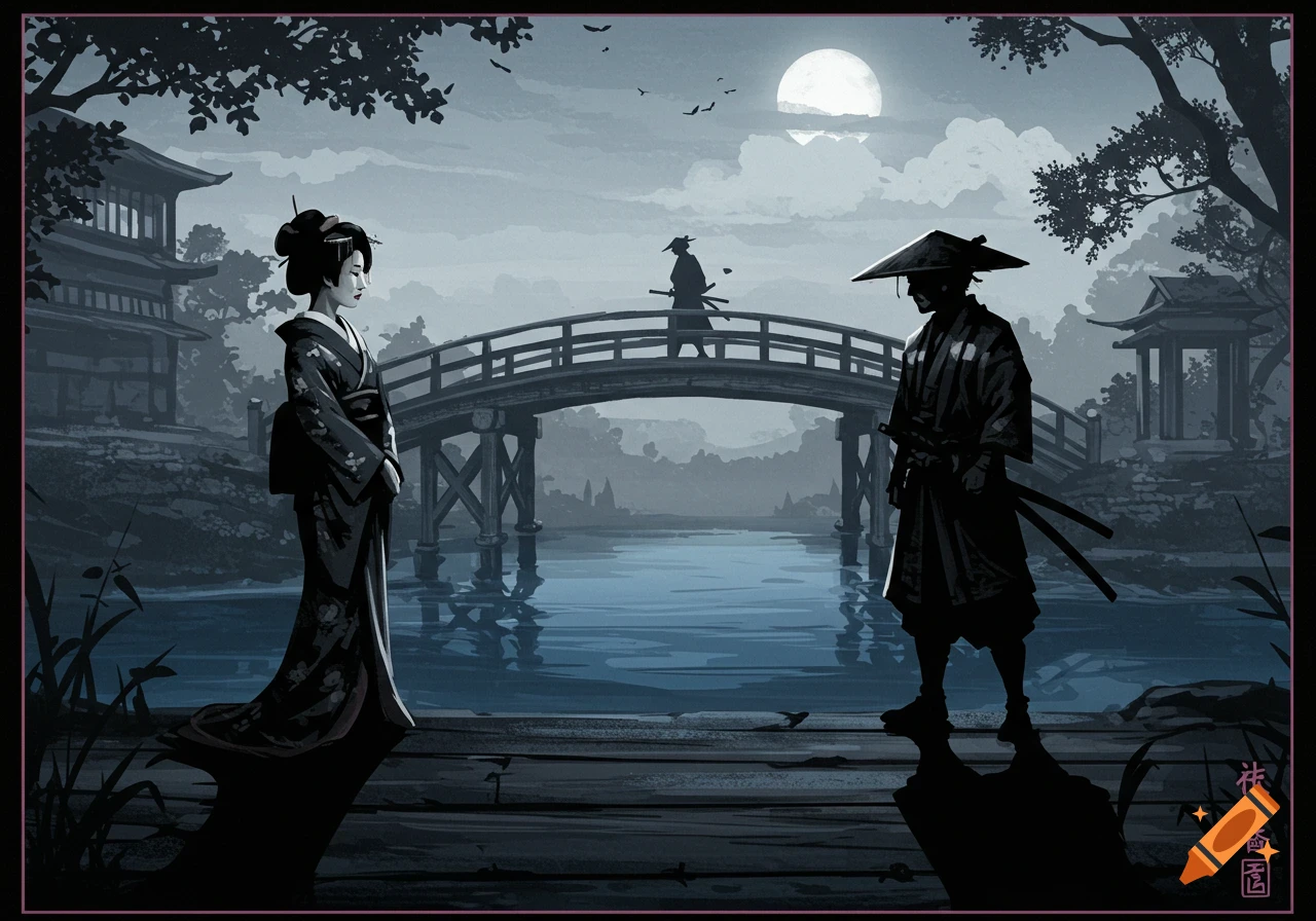 Stylized illustration of a geisha and samurai facing each other near a bridge under a full moon.