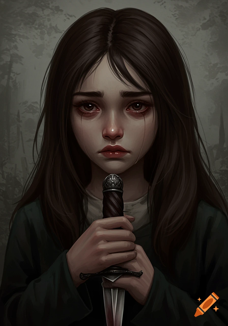 A painting of a sad girl with tears on her face holding a dagger.