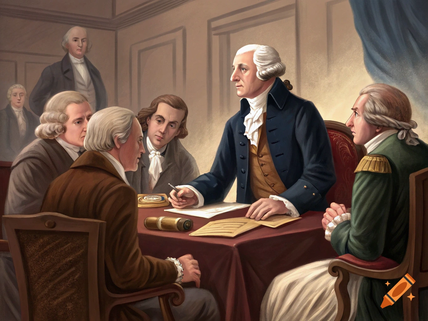 Painting of men in historical clothing meeting around a table