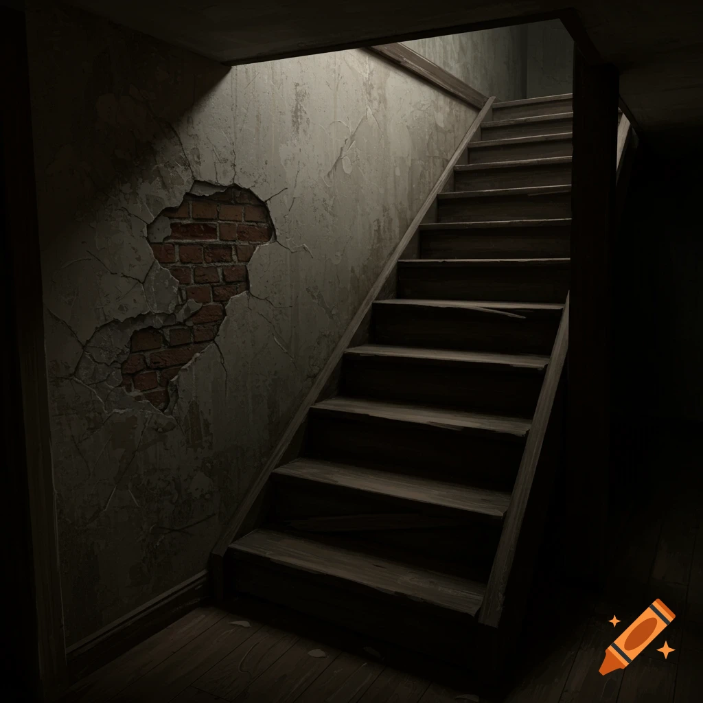 A dark, derelict wooden staircase descends into a shadowy basement, with a large hole in the plaster wall revealing brick.