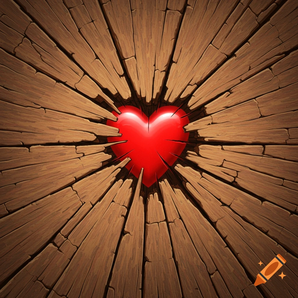 Red heart breaks through cracked wooden surface.