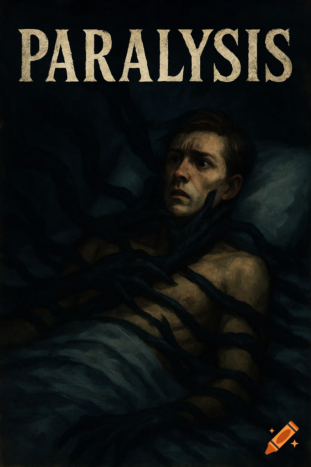 Painting of a fearful man in bed entangled by dark tendrils with the word PARALYSIS above him.