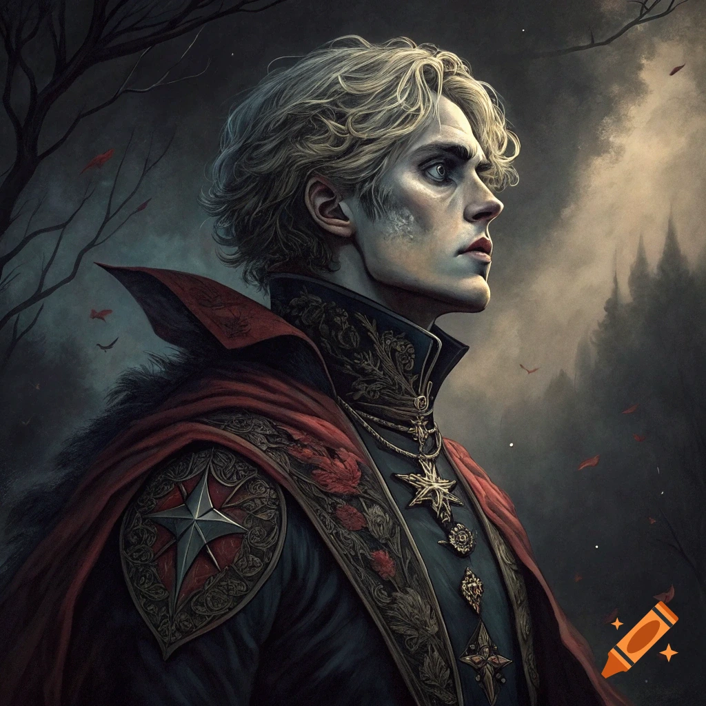 Dramatic painting of a blond man in elaborate dark clothing and a red cape, looking right, in a dark, moody forest background.