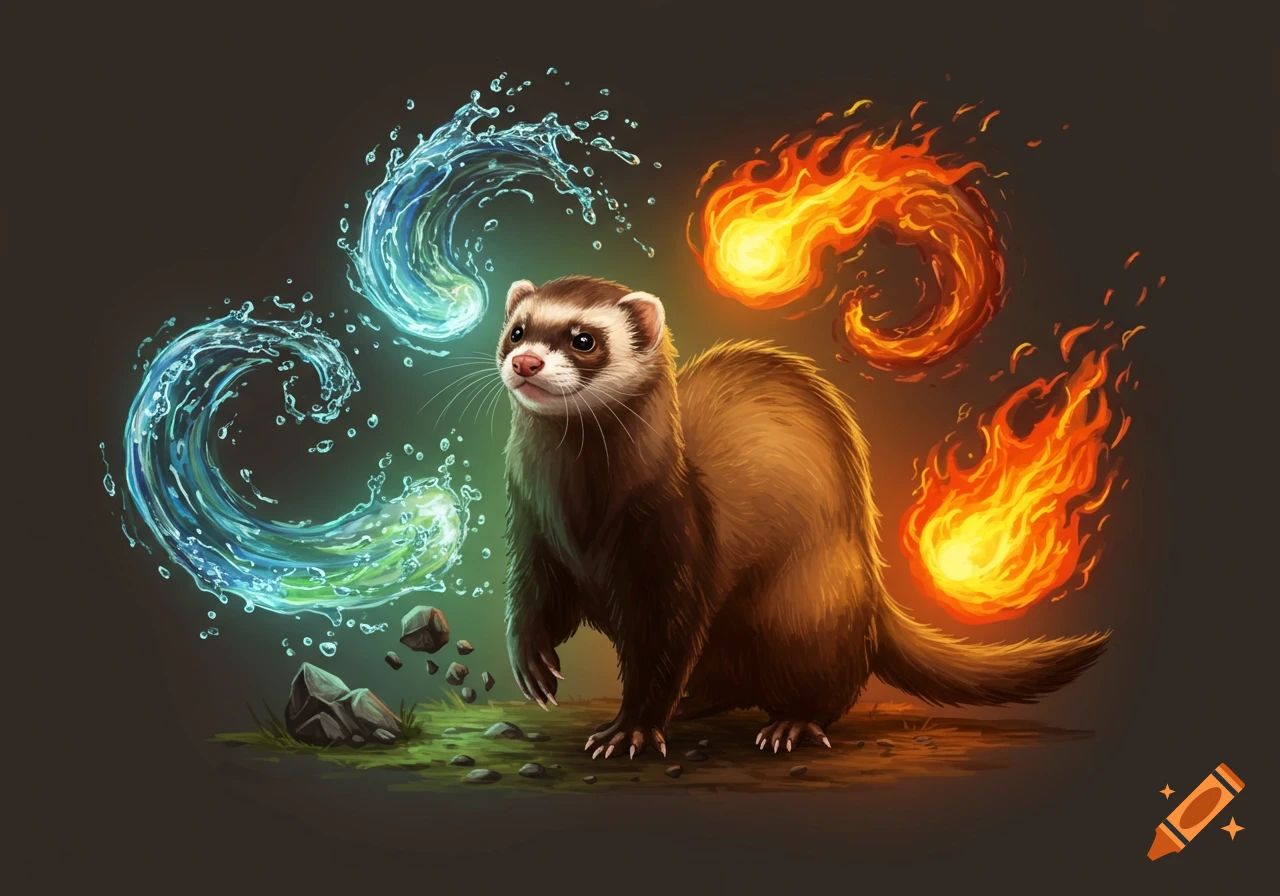 A ferret surrounded by swirling water and fire, with rocks on the ground, representing elemental powers in a fantasy illustration style.