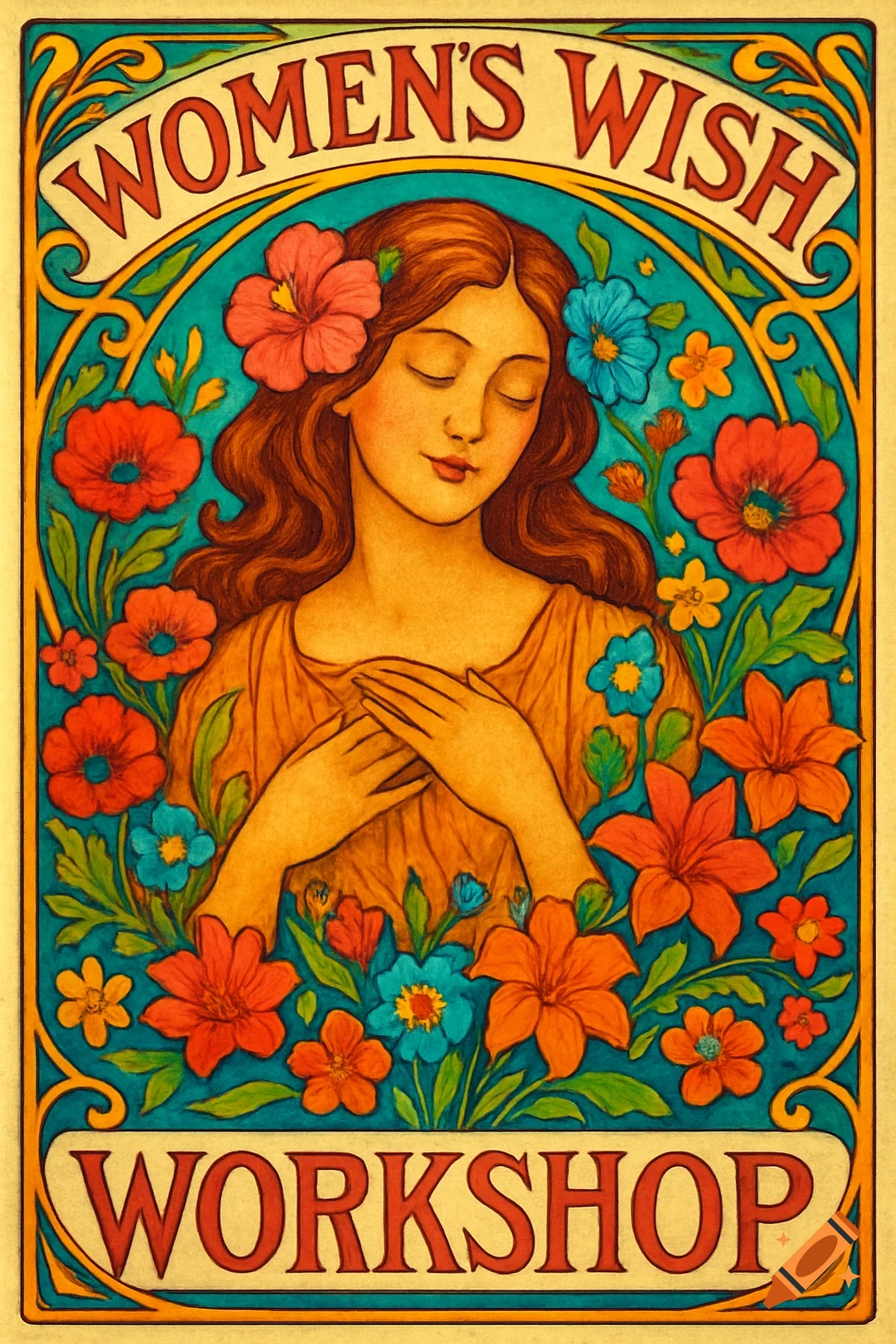 An Art Nouveau poster featuring a woman surrounded by colorful flowers and decorative text.