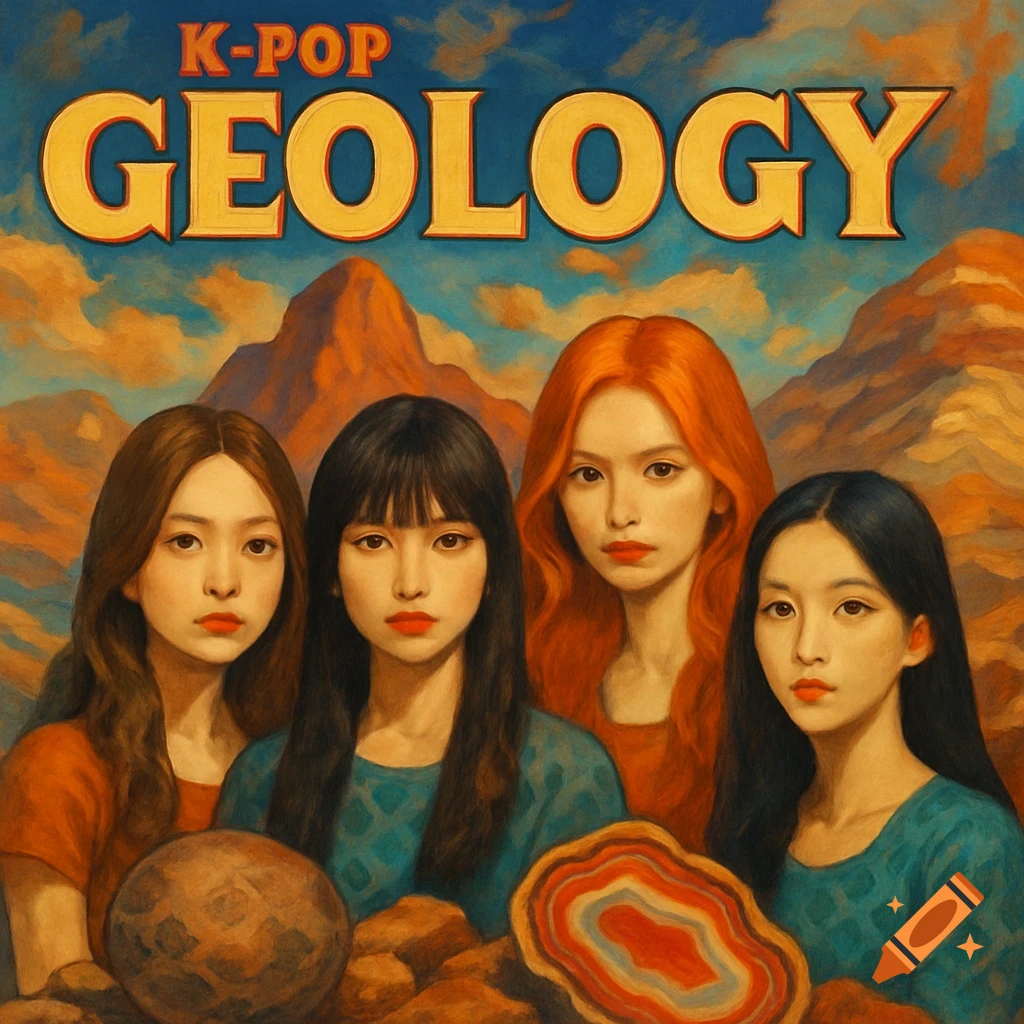 Painting of four women in front of mountains and rocks with text K-POP GEOLOGY.