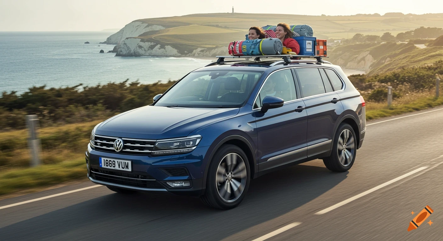 A blue Volkswagen Tiguan SUV with luggage and two people on the roof drives along a coastal road.