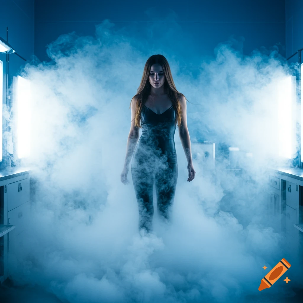 Woman in a skintight suit walks through smoke in a blue-lit room