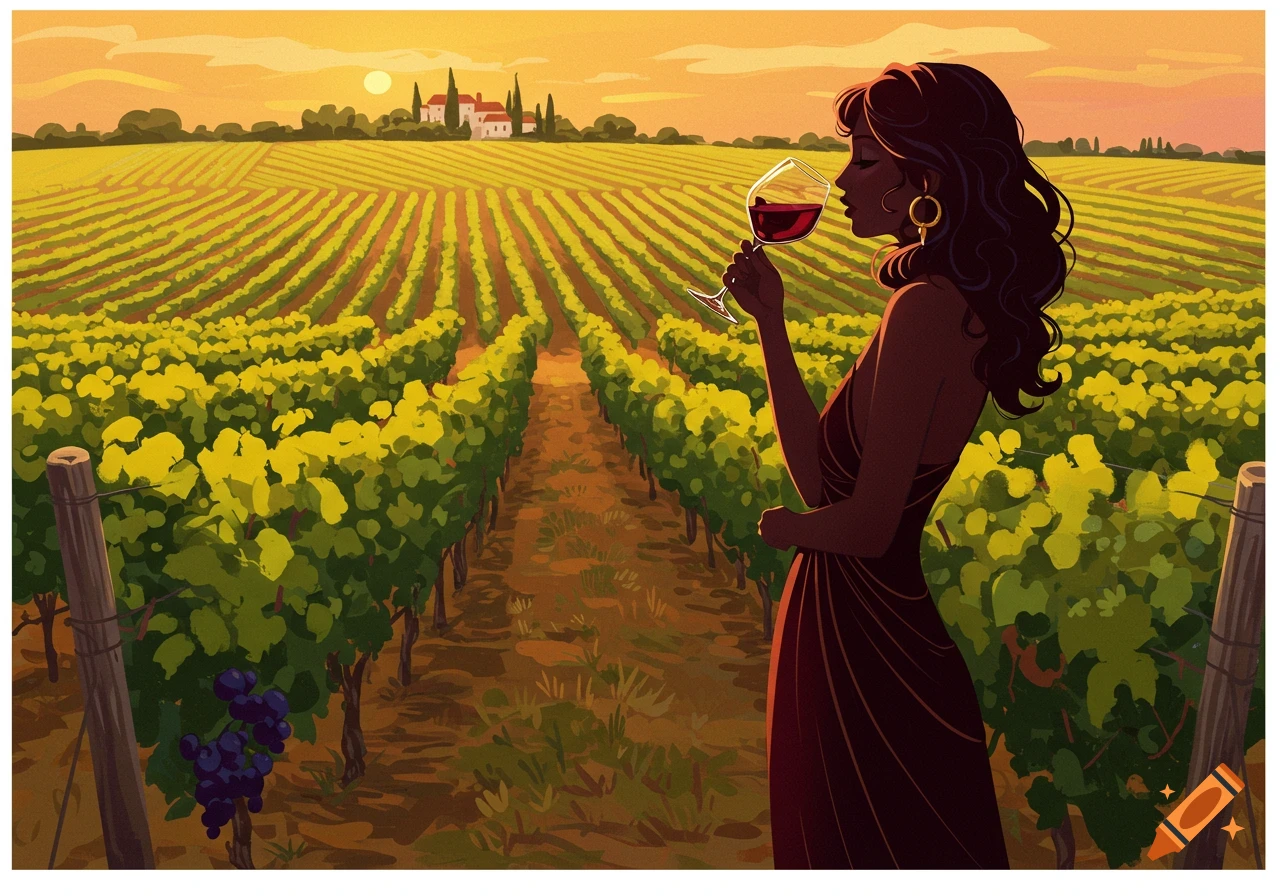 Stylized illustration of a woman holding a glass of red wine in a ...