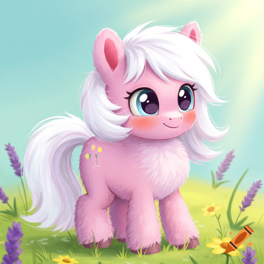 A cute pink cartoon pony with white mane and tail stands in a field of grass and lavender flowers.