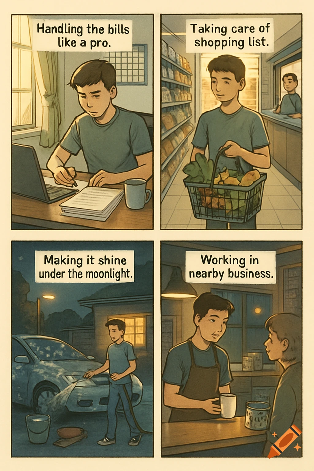 A four-panel comic strip showing a person doing chores and work: paying bills, shopping, washing a car, and working in a shop.
