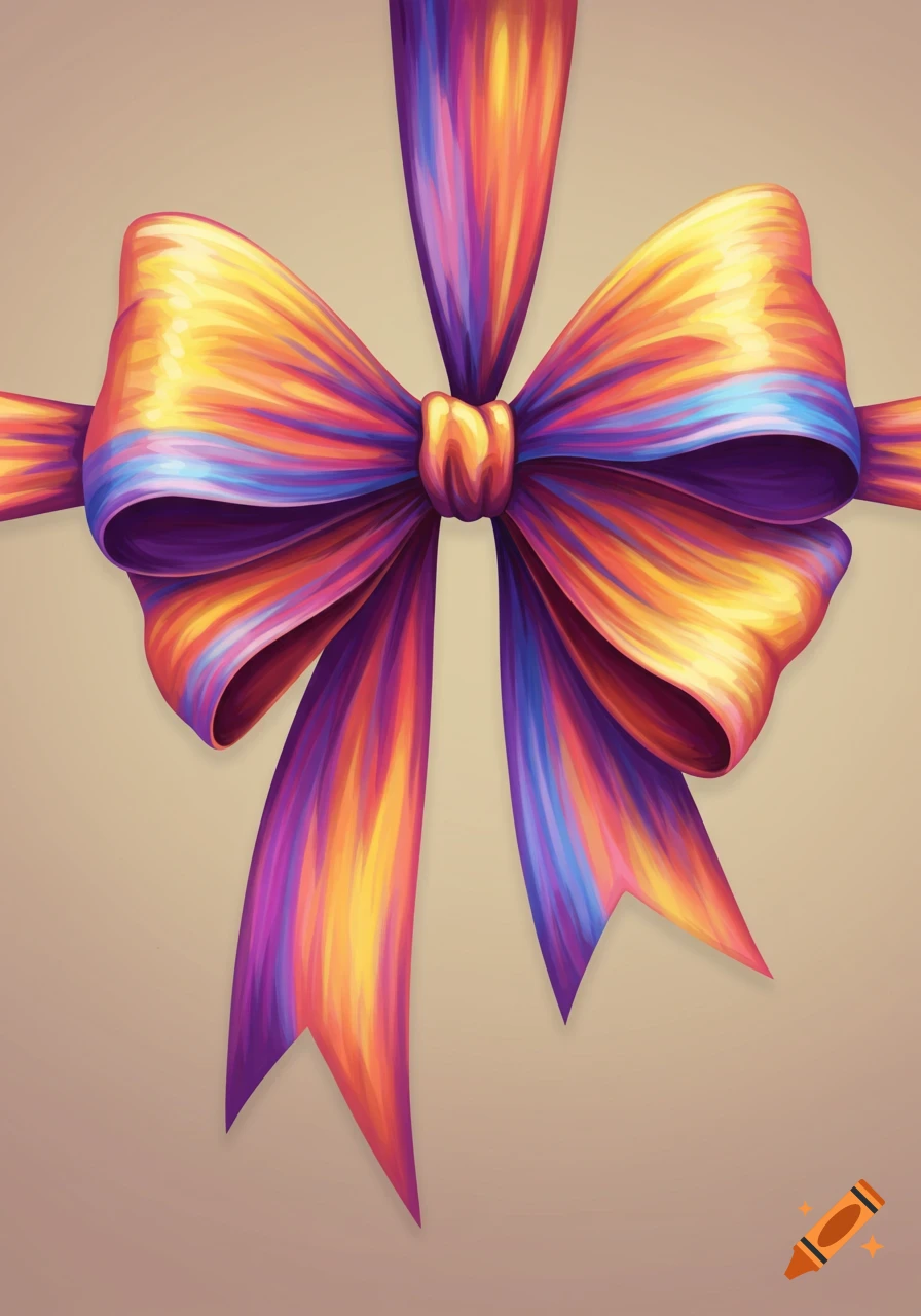 A vibrantly colored ribbon bow with a painterly texture against a beige background.